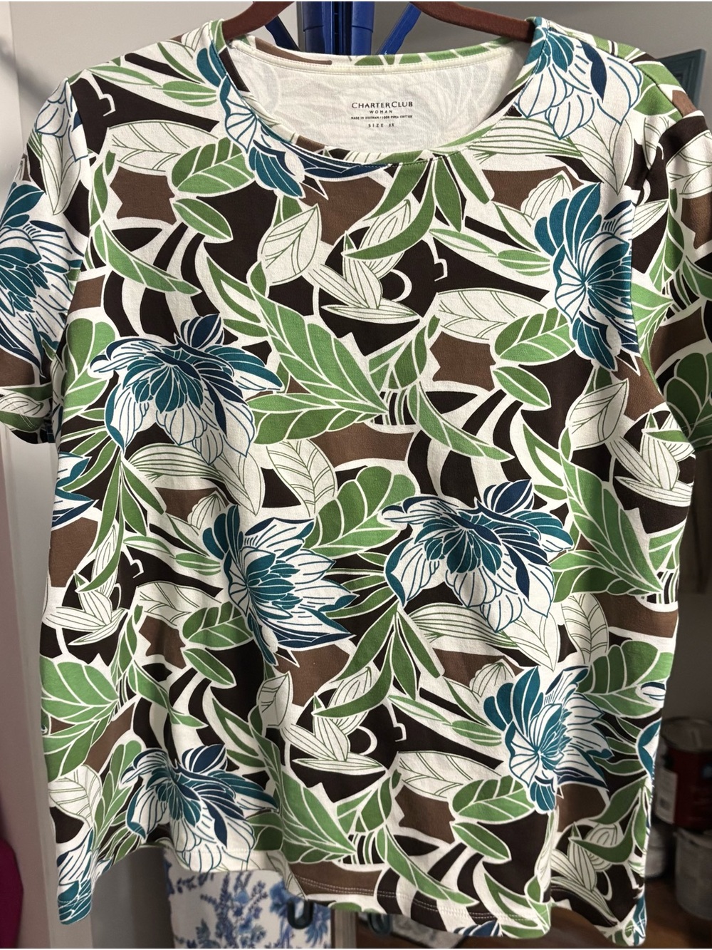 Charter Club Teal & Green Floral Short Sleeve Top